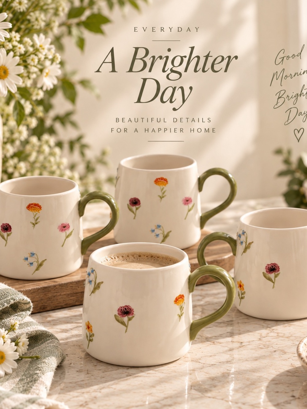 Floral Ceramic Coffee Mug with Olive Handle - Cream